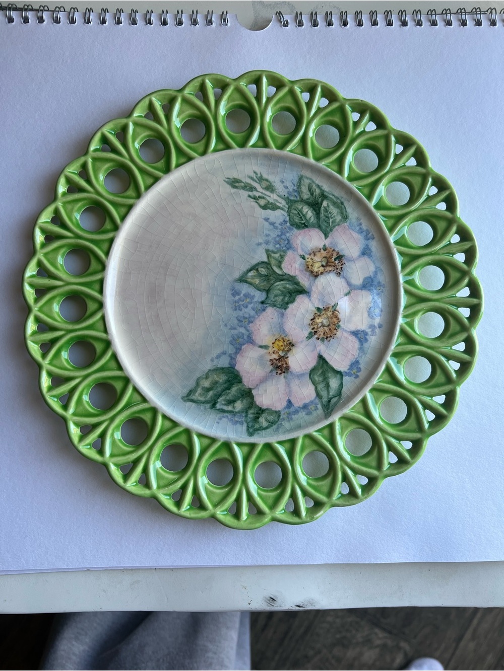 Hand-Painted Floral Ceramic Plate in Green